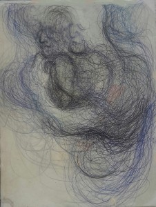 "Fusion III " mine de plomb, stylo bille, gouache et vernis sur papier marouflé sur carton              
